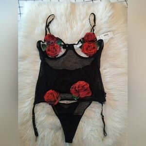 Black and Red Floral Lingerie Bodysuit